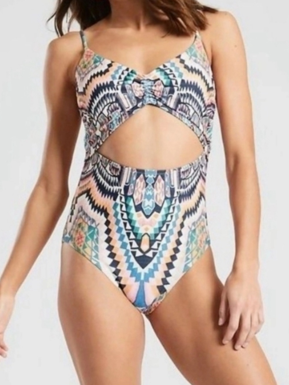 Athleta Pink Blue and Peach Aztec Cutout One-Piece Swimsuit - Picture 3 of 12